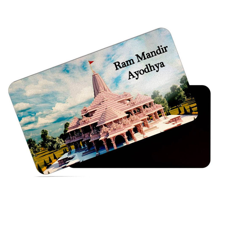 dhcrafts Rectangular Rubber Fridge Magnet / Magnetic Card Multicolor Uttar Pradesh Ram Mandir Ayodhya Design Pack of 1 (8.6cm x 5.4cm)